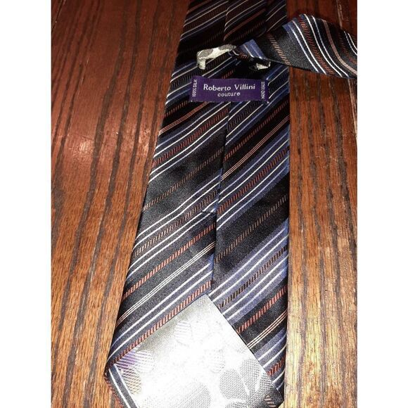 Roberto Villini Couture Handmade Silk Neck Tie Black Yellow Blue Tan Burgandy - Picture 3 of 3